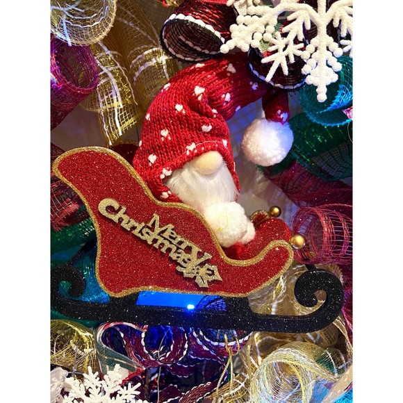 Handmade Christmas Gnome in Sleigh Holiday Ribbon Door Wreath 26 ins LED XLW1 - Picture 4 of 12